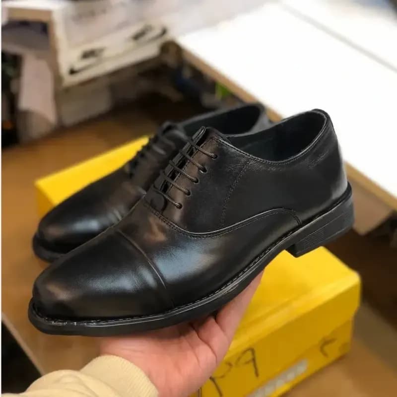 کفش چرم مردانه مجلسی رخشی تبریز مدل ونیز مشکی رویه چرم طبیعی آستر چرم بزی کفی طبی زیره لاستیک نشکن قالب استاندارد — تصویر ۸