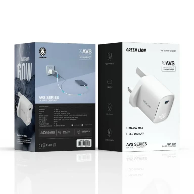 شارژر دیواری گرین لاین Green Lion AVS GaN توان ۶۰ وات مدل GNAVSWC60WWH — تصویر ۲