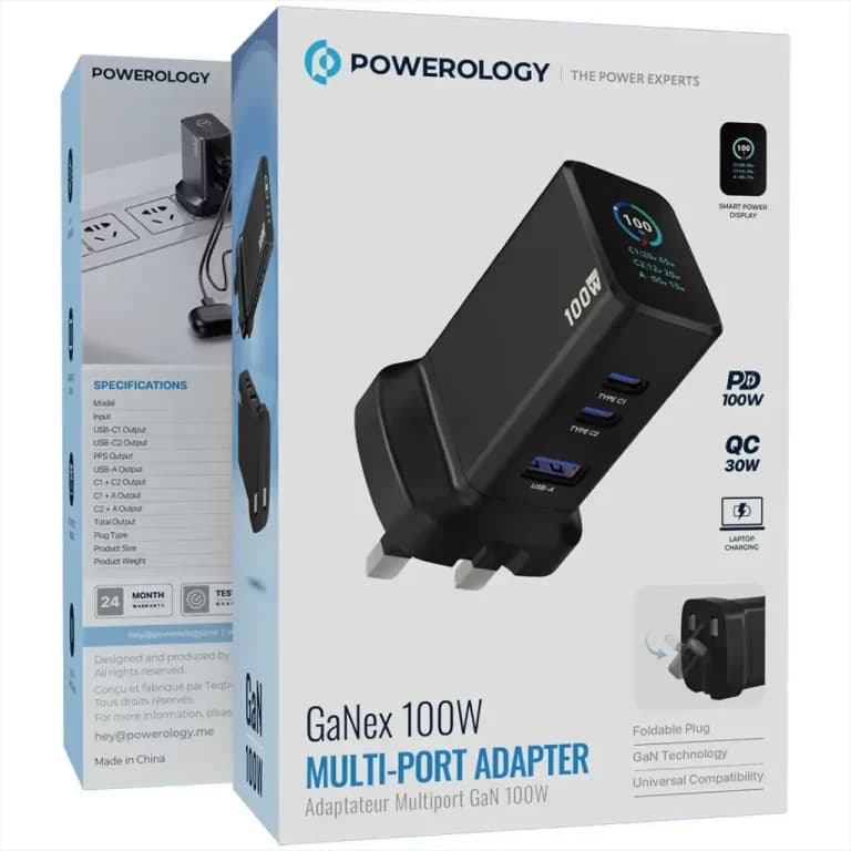 آداپتور شارژر پاورولوژی Powerology سری GaNex ظرفیت ۱۰۰ وات مدل PWC2418BK — تصویر ۲