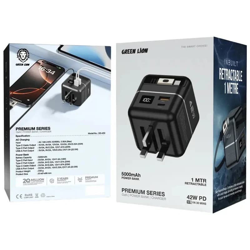 شارژر دیواری GaN و پاوربانک ۵۰۰۰ میلی‌آمپرساعتی گرین لاین مدل Premium Series با توان ۴۲ وات — تصویر ۳