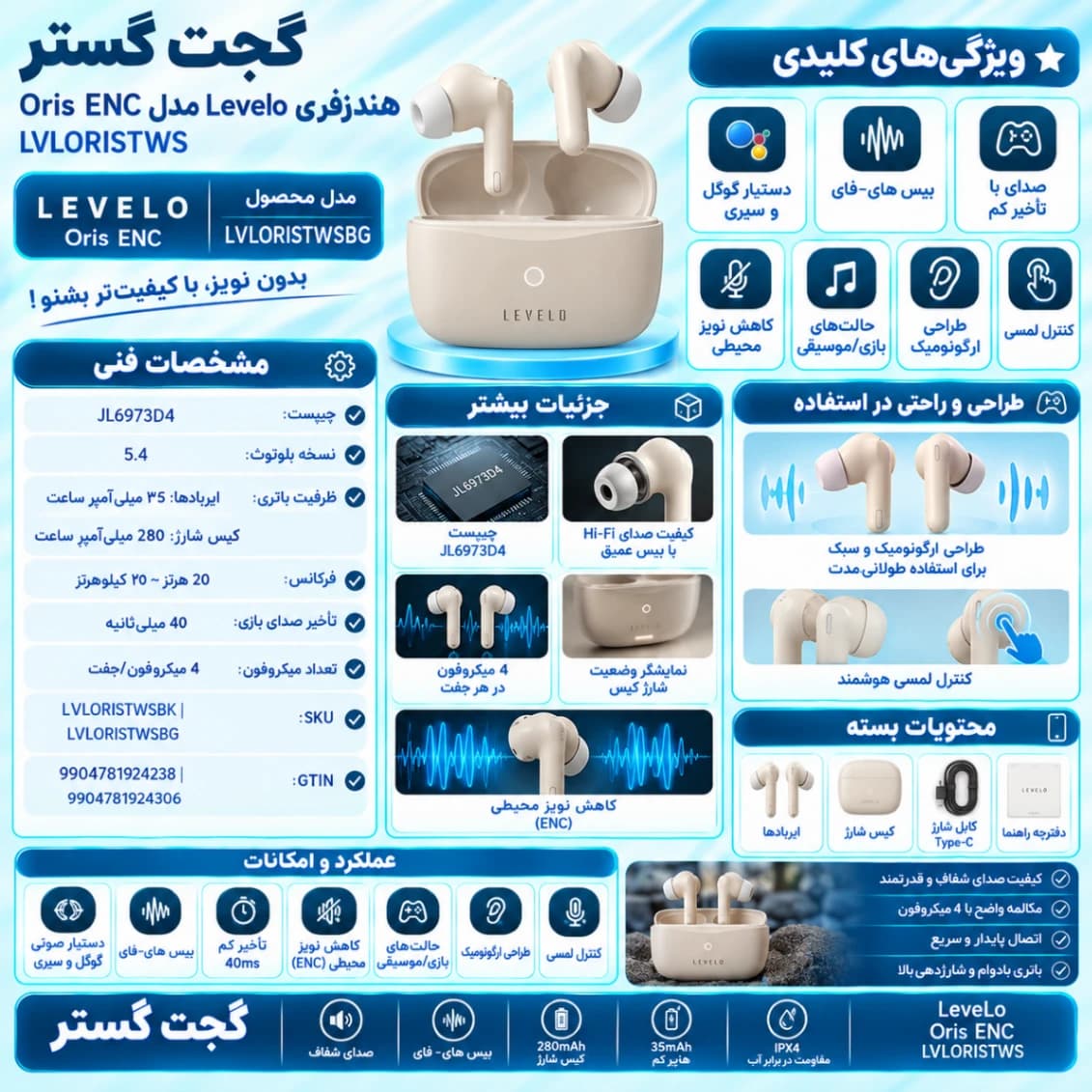 هندزفری بیسیم لولو Levelo Oris با حذف نویز ENC — تصویر ۲