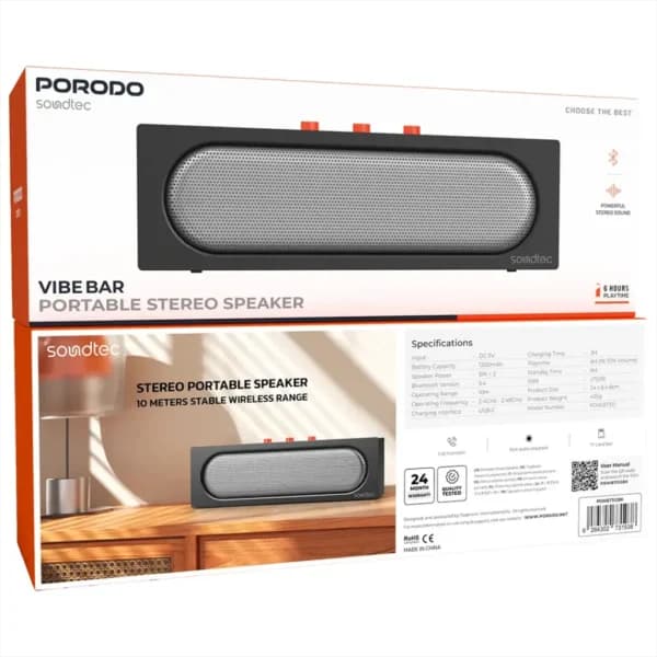 اسپیکر بلوتوثی قابل حمل پرودو Porodo Soundtec Vibe Bar مدل PDWBT512BK — تصویر ۴