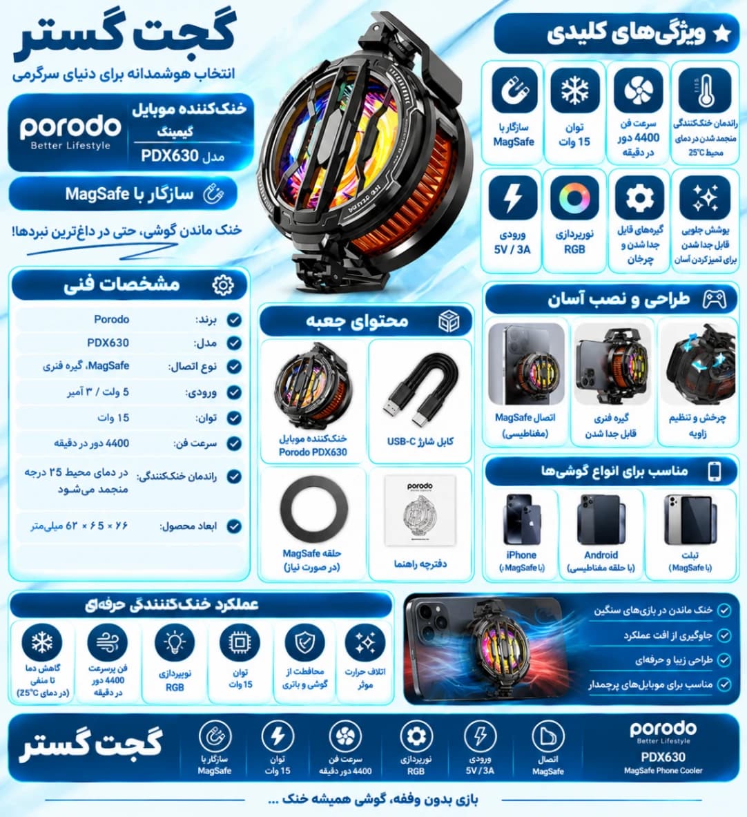 خنککننده موبایل گیمینگ پرودو Porodo مدل PDX630 MagSafe — تصویر ۲