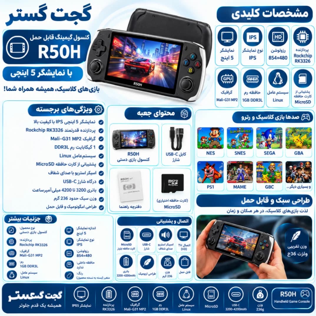 کنسول بازی دستی R50H با نمایشگر ۵ اینچی IPS — تصویر ۲