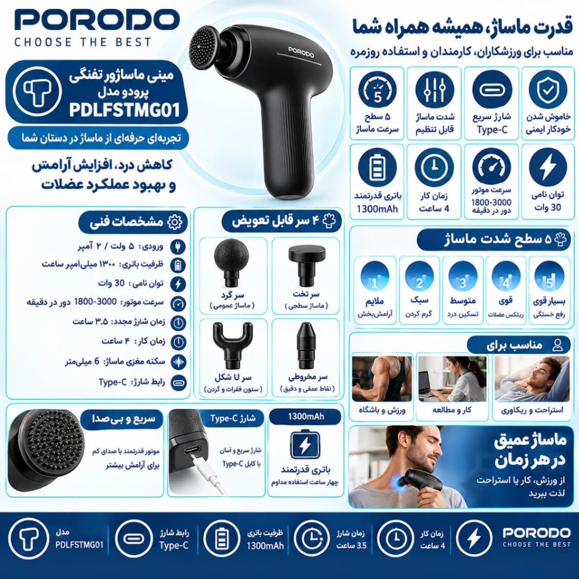 مینی ماساژور تفنگی پرودو Porodo مدل PDLFSTMG01 با ۴ سر قابل تعویض — تصویر ۲