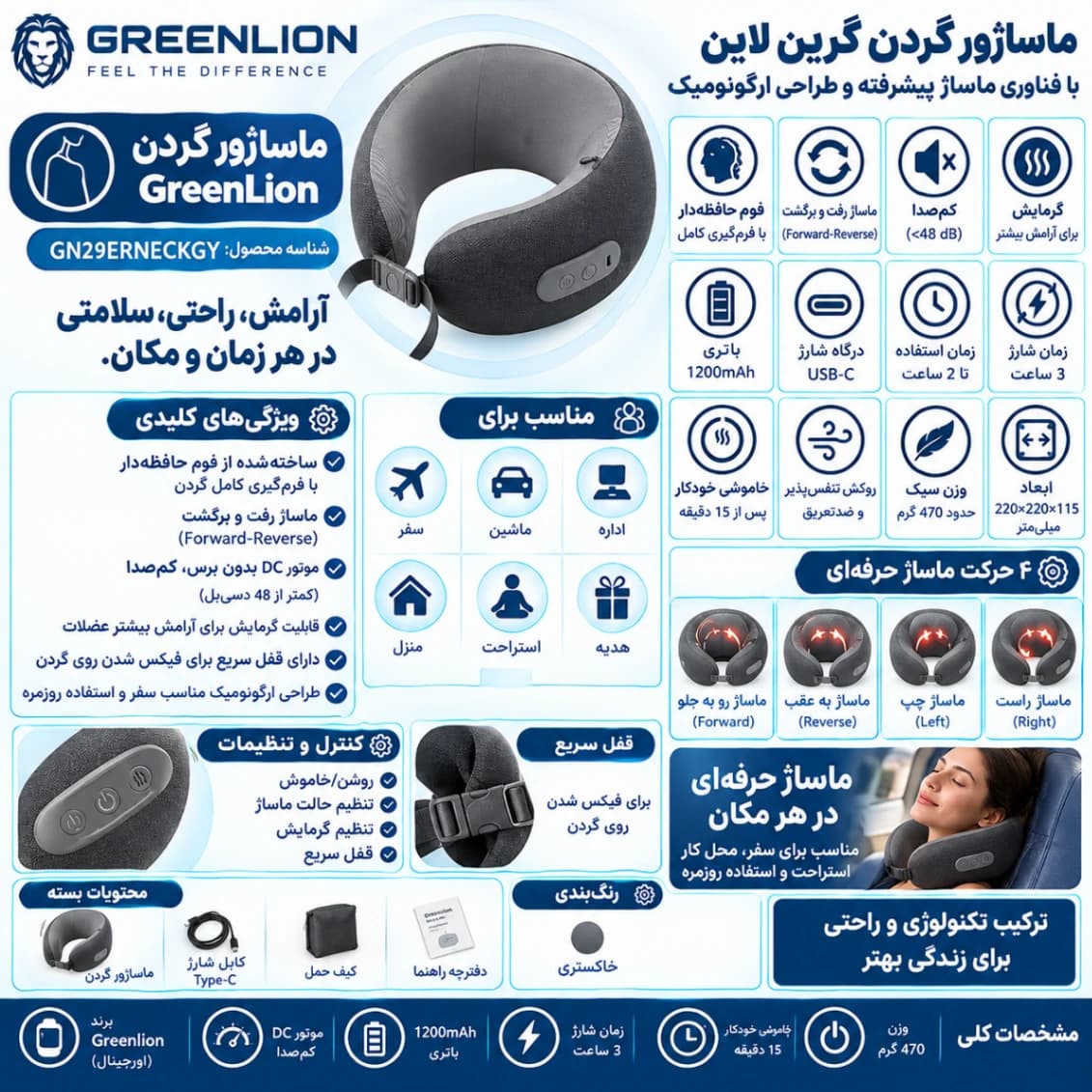 بالش ماساژور گردن گرین لاین Greenlion مدل GN29ERNECKGY با قابلیت گرمایش — تصویر ۲