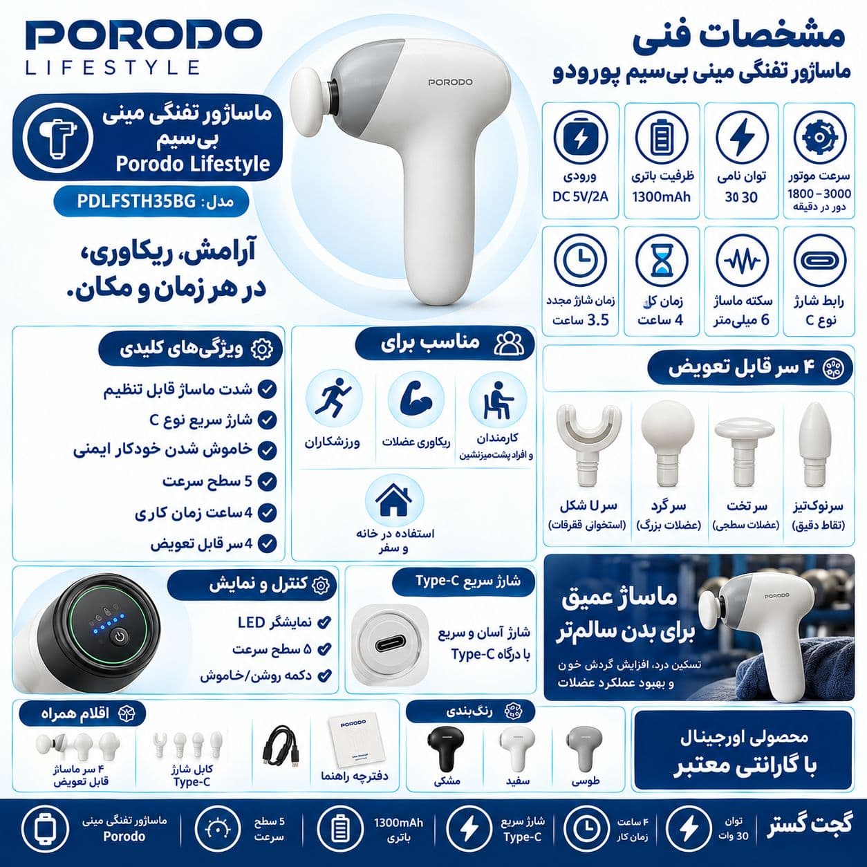ماساژور تفنگی مینی بی‌سیم پرودو Lifestyle مدل PDLFSTH35BG — تصویر ۲
