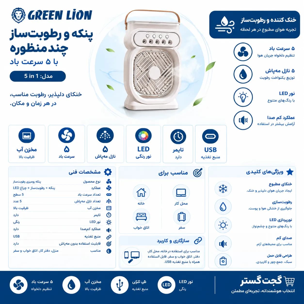 پنکه و رطوبتساز چندمنظوره با ۵ سرعت باد — تصویر ۲