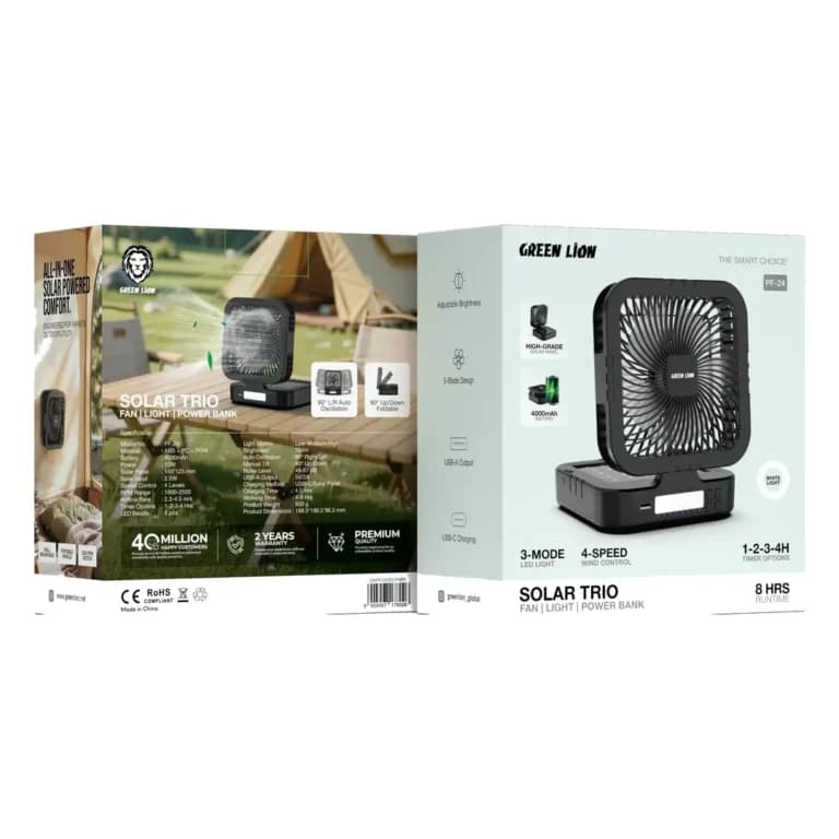 پنکه خورشیدی گرین لاین Solar Trio با چراغ و پاوربانک مشکی — تصویر ۲