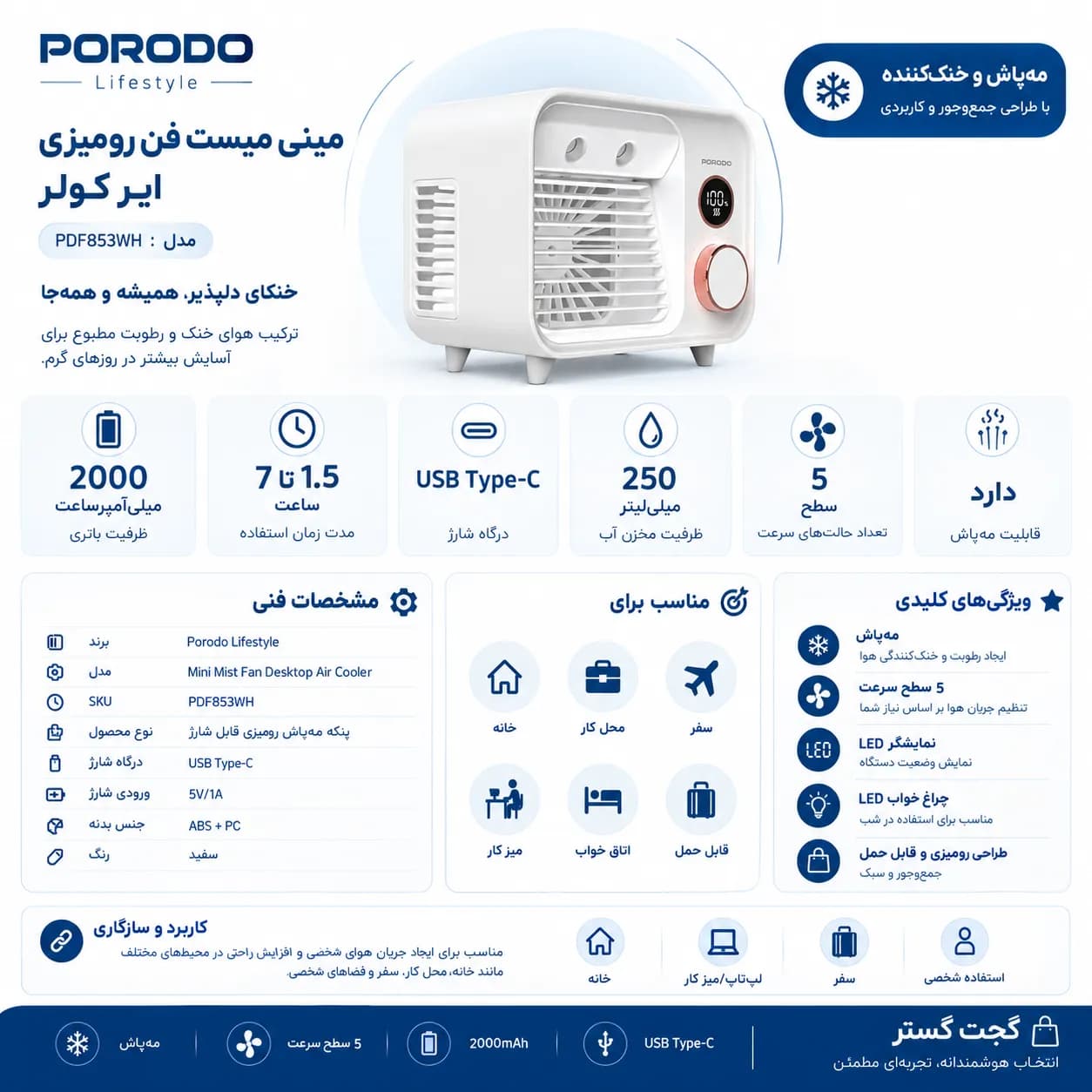 پنکه رومیزی مه‌پاش و خنک‌کننده Porodo Mini Mist Fan — تصویر ۲
