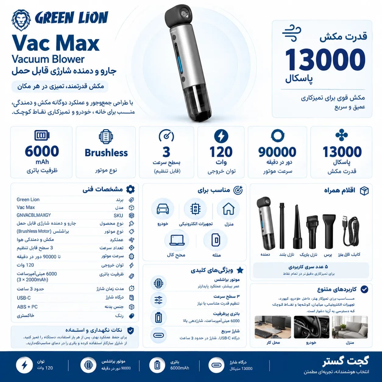جارو و دمنده شارژی گرین لاین Vac Max خاکستری — تصویر ۴