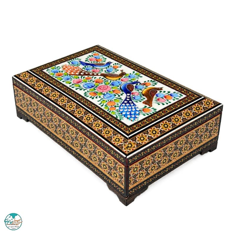 جعبه خاتم کاری طرح گل و بلبل 22در14