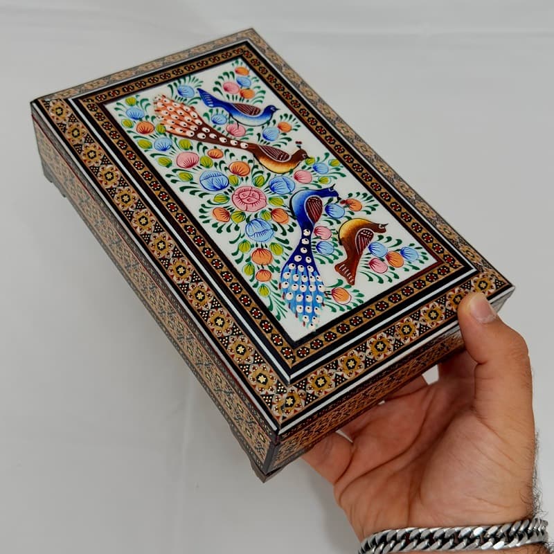 جعبه خاتم کاری طرح گل و بلبل 22در14 — تصویر ۵