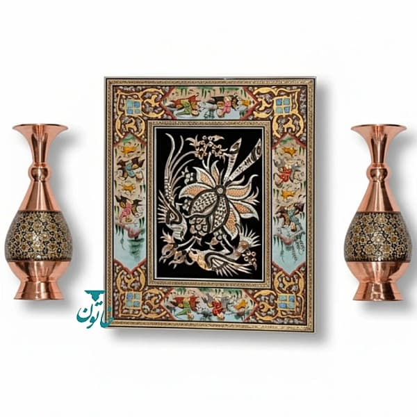 ست هدیه خاتم‌کاری اصفهان (جفت گلدان دکوری + تابلو چوگان)