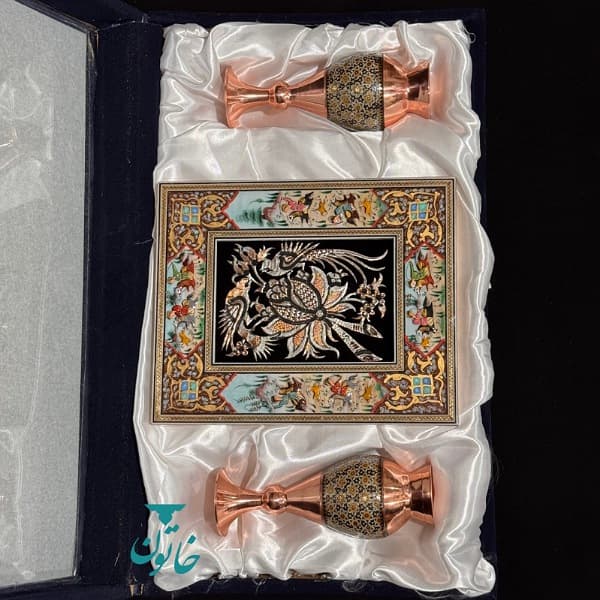 ست هدیه خاتم‌کاری اصفهان (جفت گلدان دکوری + تابلو چوگان) — تصویر ۴
