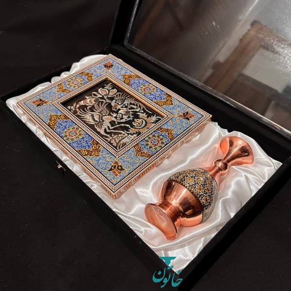 ست هدیه صنایعدستی گلدان و تابلو خاتمکاری طرح اسلیمی — تصویر ۴