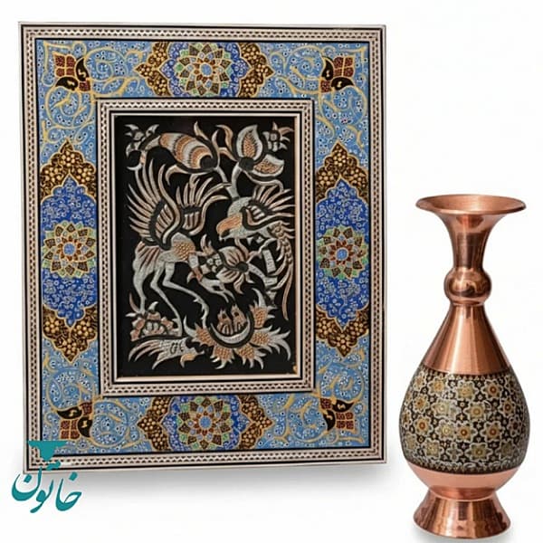ست هدیه صنایعدستی گلدان و تابلو خاتمکاری طرح اسلیمی