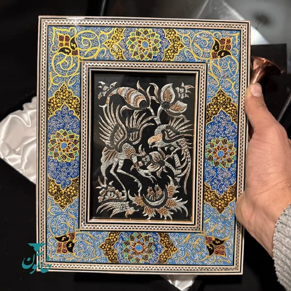 ست هدیه صنایعدستی گلدان و تابلو خاتمکاری طرح اسلیمی — تصویر ۲