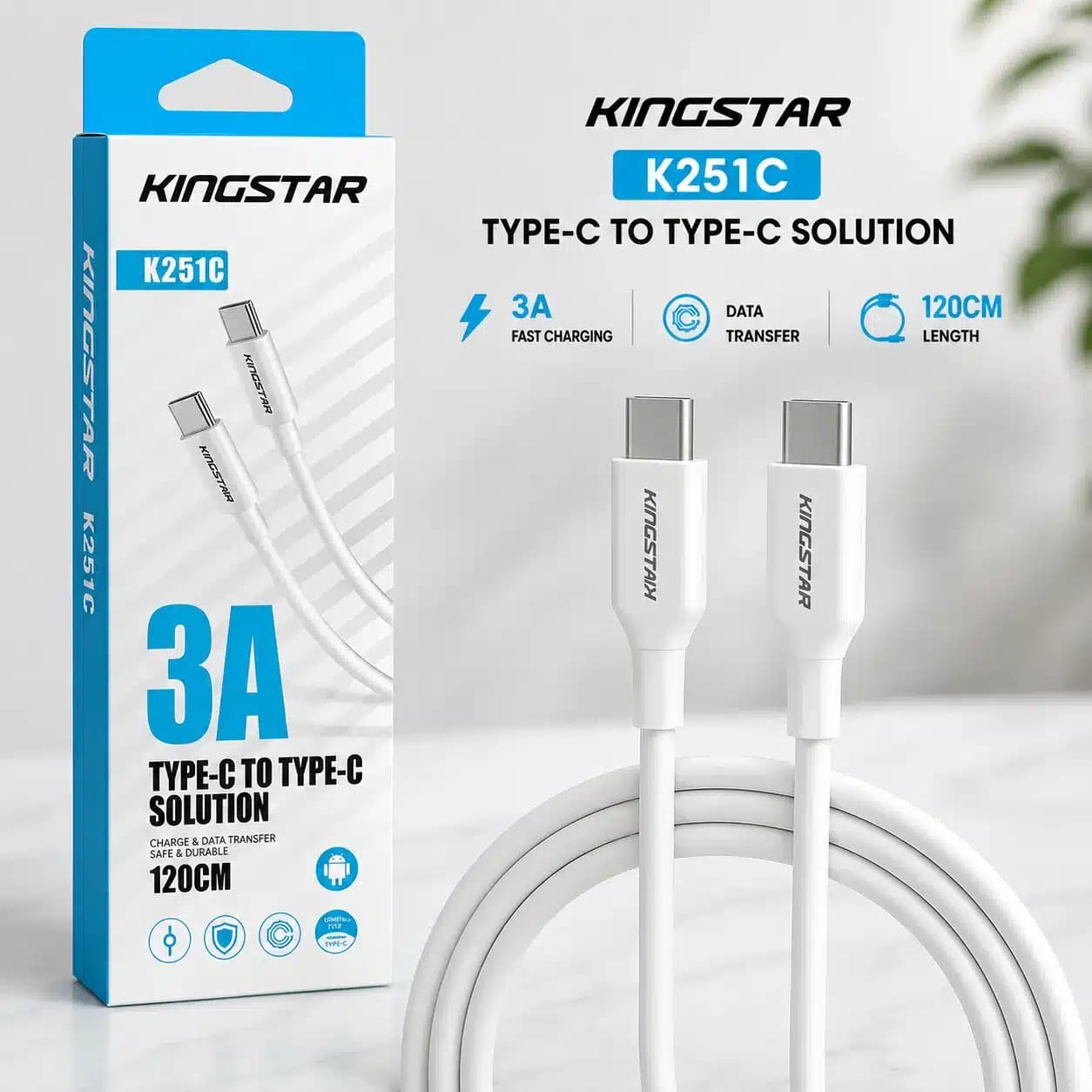 کابل تبدیل Type-C به Type-C کینگ استار (KingStar) مدل K251C با شدت جریان 3 آمپر طول 1.2 متر — تصویر ۲