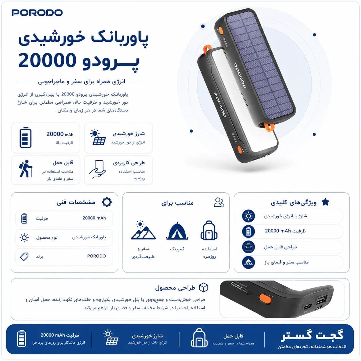 پاوربانک خورشیدی پرودو 20000 میلی‌آمپرساعت — تصویر ۲