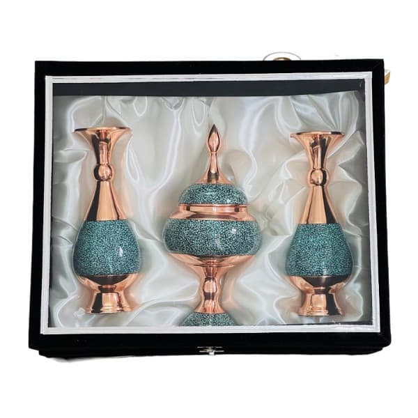 ست مدیریتی فیروزه‌کوبی گلدان و شکلات‌خوری با بسته‌بندی مخمل
