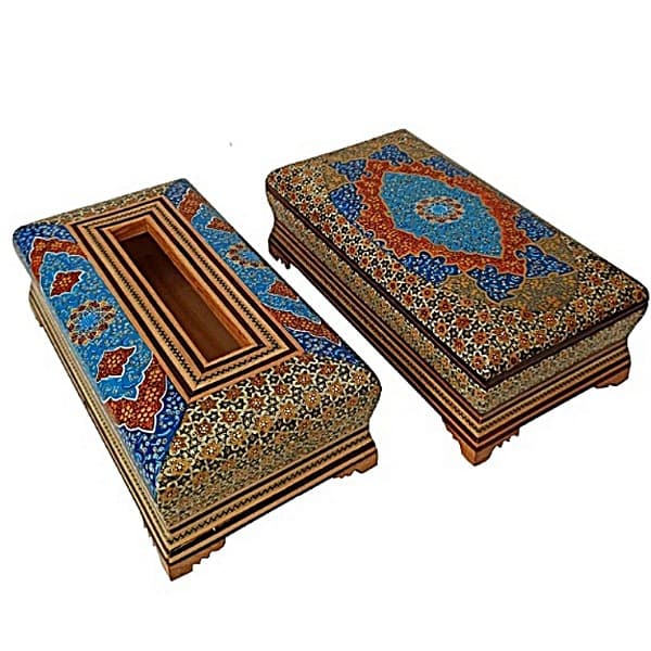 ست جاقاشقی و جعبه دستمال خاتم‌کاری با طرح اسلیمی