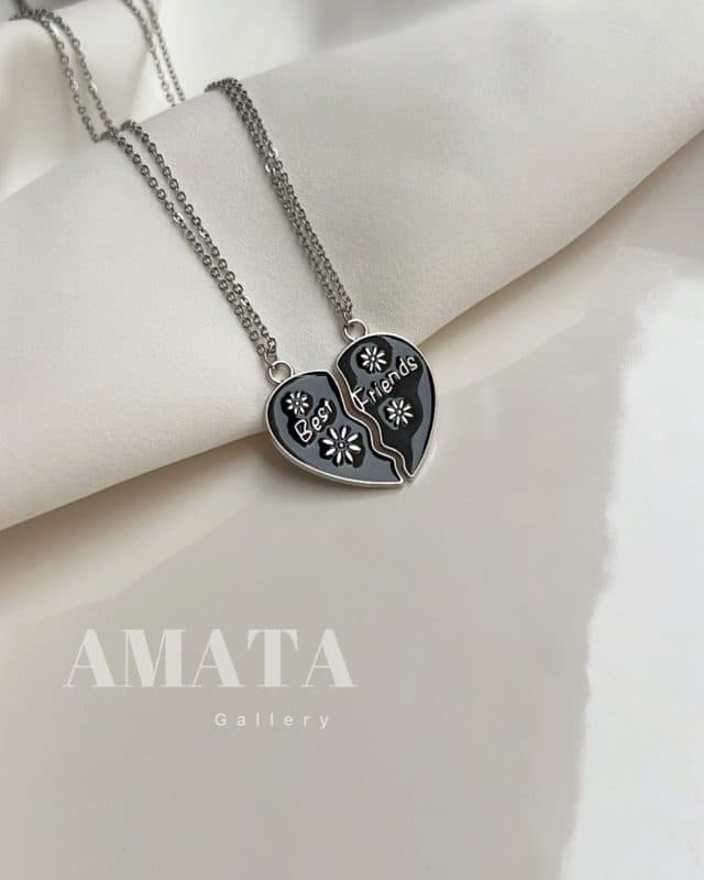 گردنبند ست دونفره قلب مشکی Best Friend نقره ای با زنجیر استیل