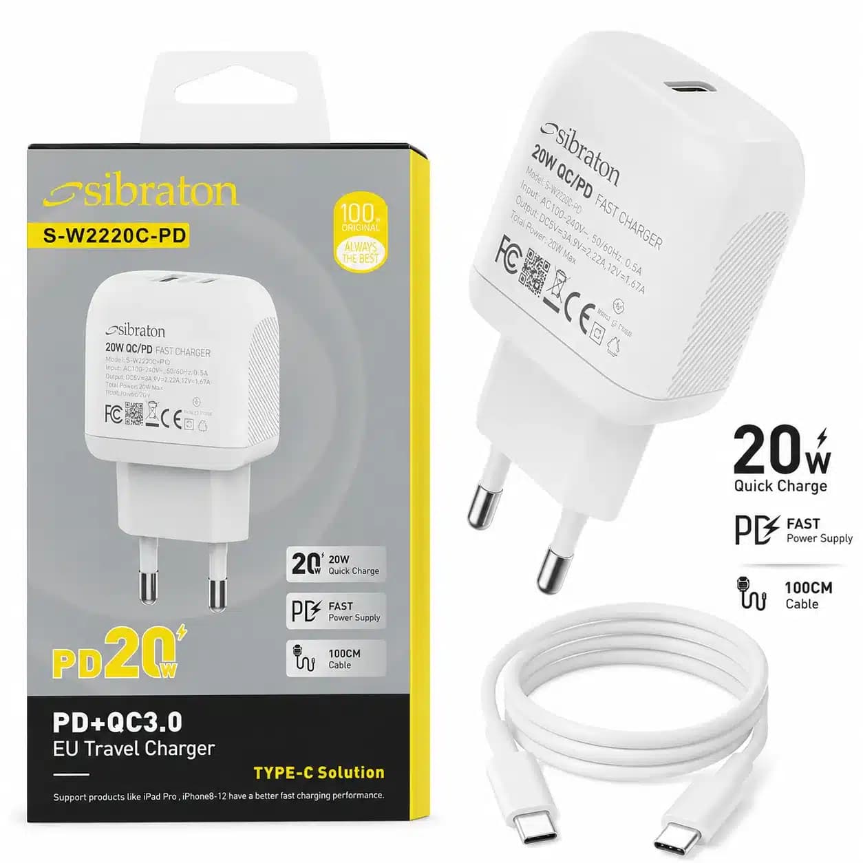شارژر دیواری 20 وات سیبراتون مدل S-W2220C-PD به همراه کابل USB-C