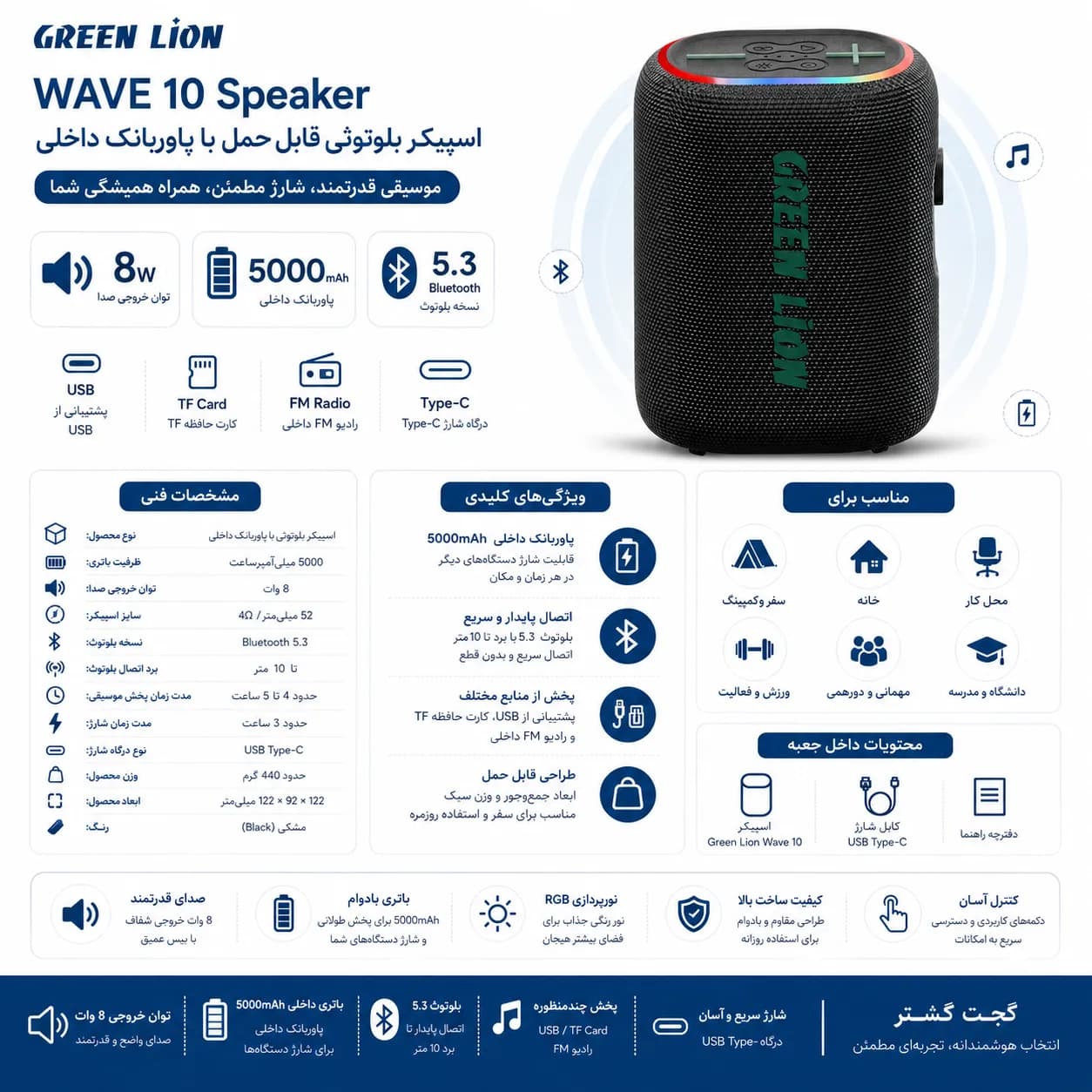اسپیکر گرین لاین Wave 10 با پاوربانک 5000 میلیآمپرساعت — تصویر ۴