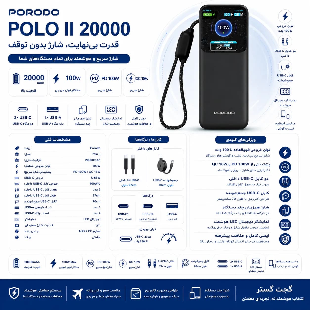 پاوربانک پرودو Polo II 20000 میلی‌آمپرساعت با کابل USB-C داخلی — تصویر ۳