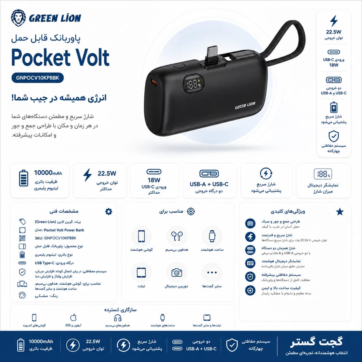 پاوربانک گرین لاین Pocket Volt 10000 میلی‌آمپرساعت — تصویر ۳