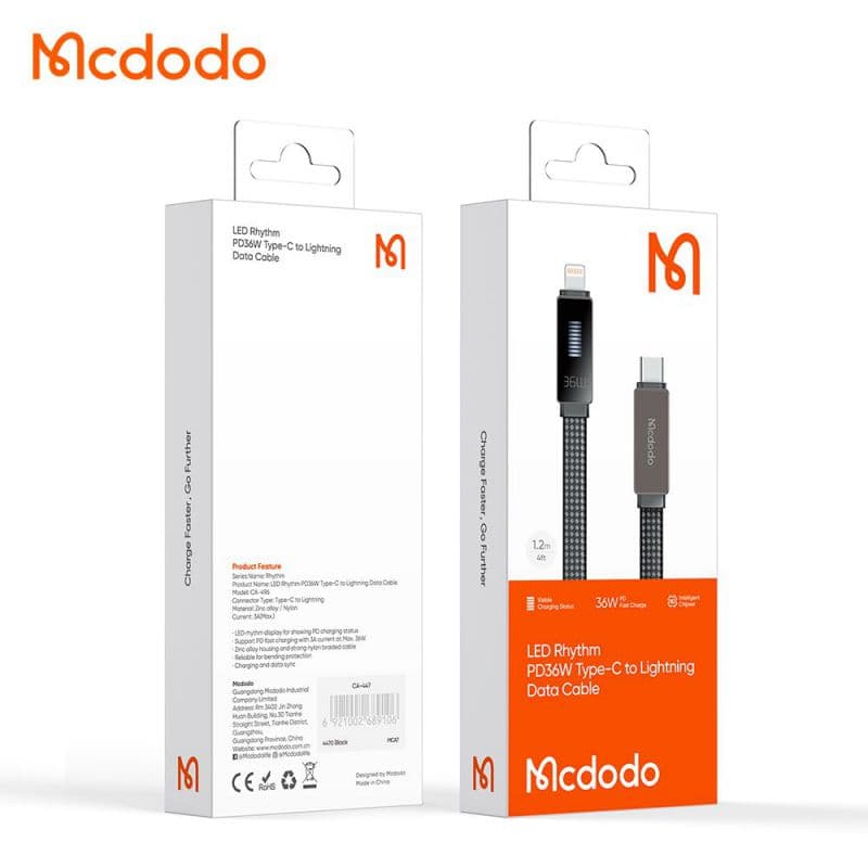 کابل شارژ سریع تایپ سی به لایتنینگ 36 واتی مک دودو مدل MCDODO CA-4960 نمایشگر ضربانی 1.2متر — تصویر ۳