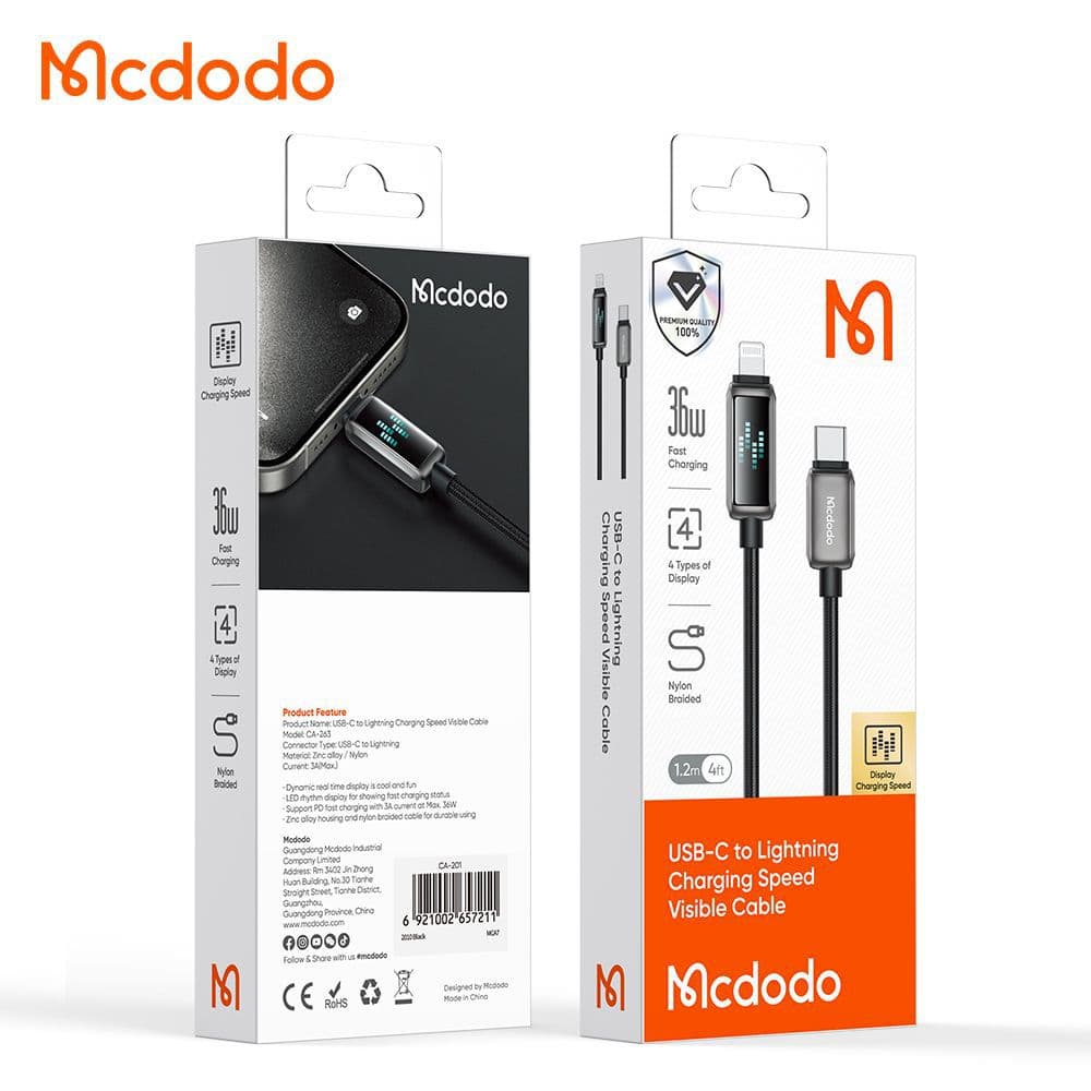 کابل شارژ سریع تایپ سی به لایتنینگ 36 واتی مک دودو مدل MCDODO CA-2630 قابلیت کارپلی 1.2متر — تصویر ۴