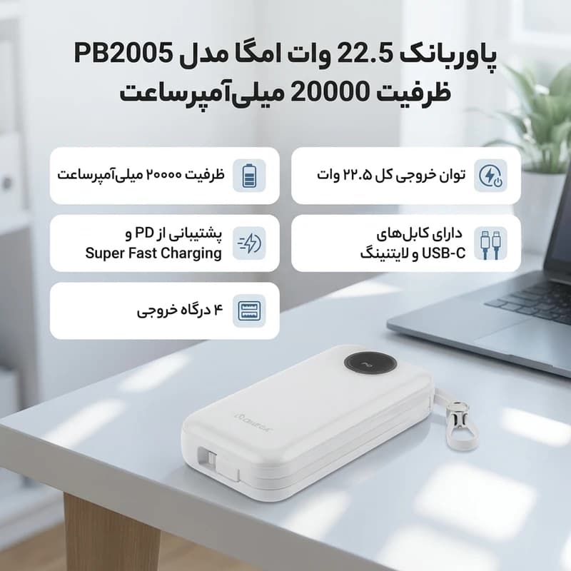 پاور بانک 20000 میلی آمپر امگا مدل PB2005 فست شارژ 22.5وات — تصویر ۴