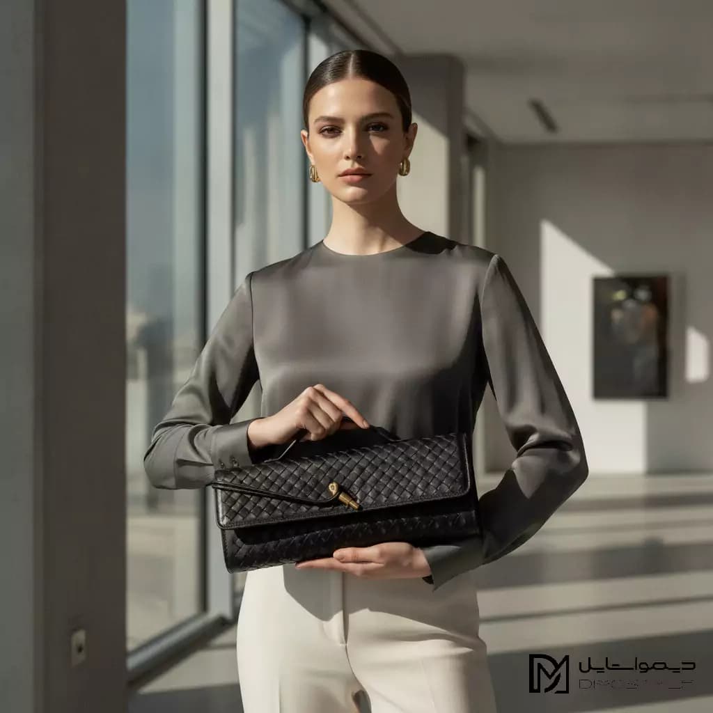 کیف کلاچ مجلسی مدل بافت (Intrecciato) با جزئیات گره طلایی — تصویر ۳