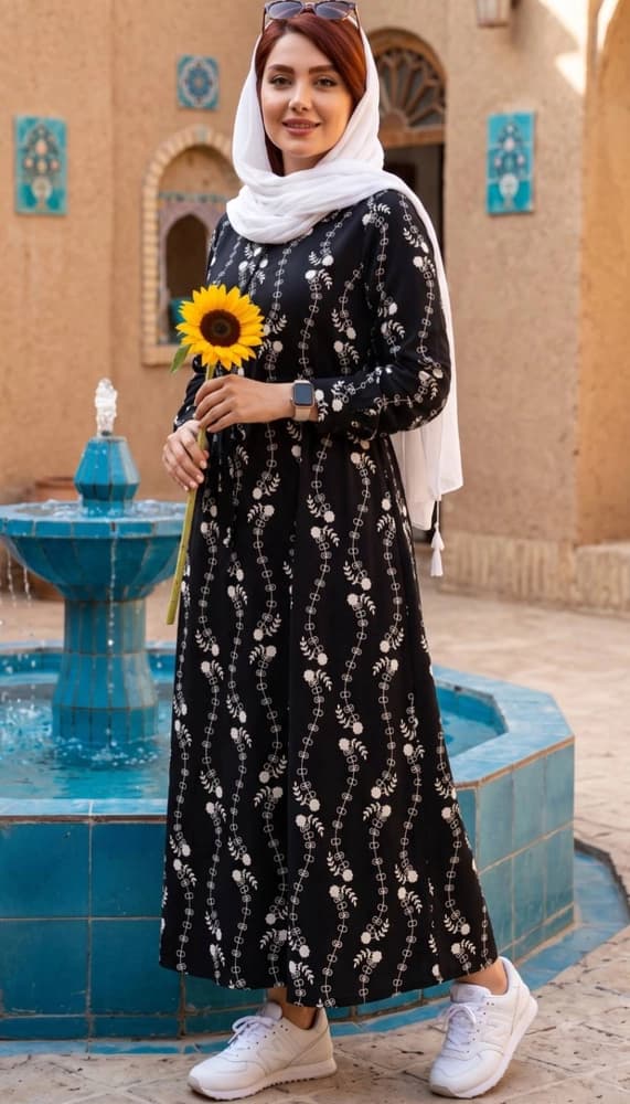 پیراهن گل سفید جلو دکمه