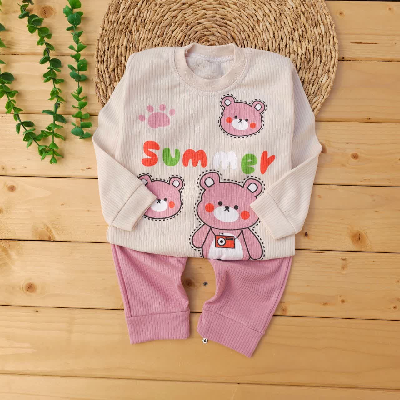 بلوز شلوار پنبه کبریتی خرس summer صورتی نی نی اسپرت