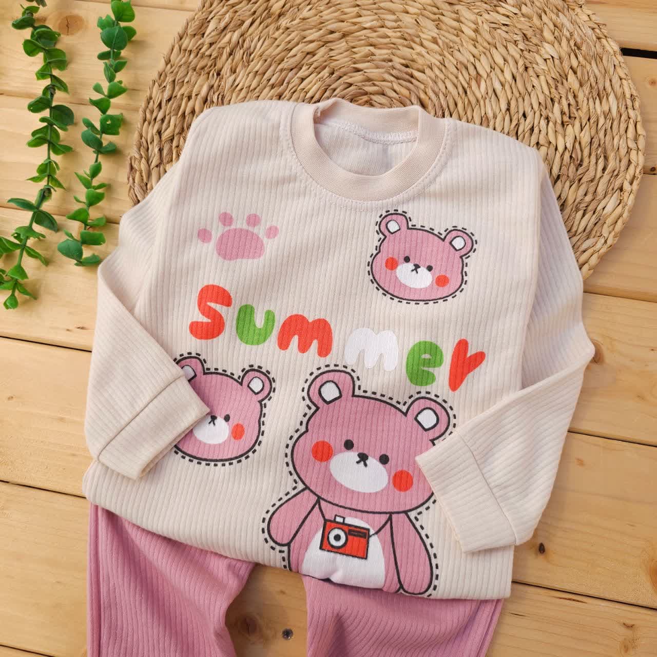 بلوز شلوار پنبه کبریتی خرس summer صورتی نی نی اسپرت — تصویر ۲