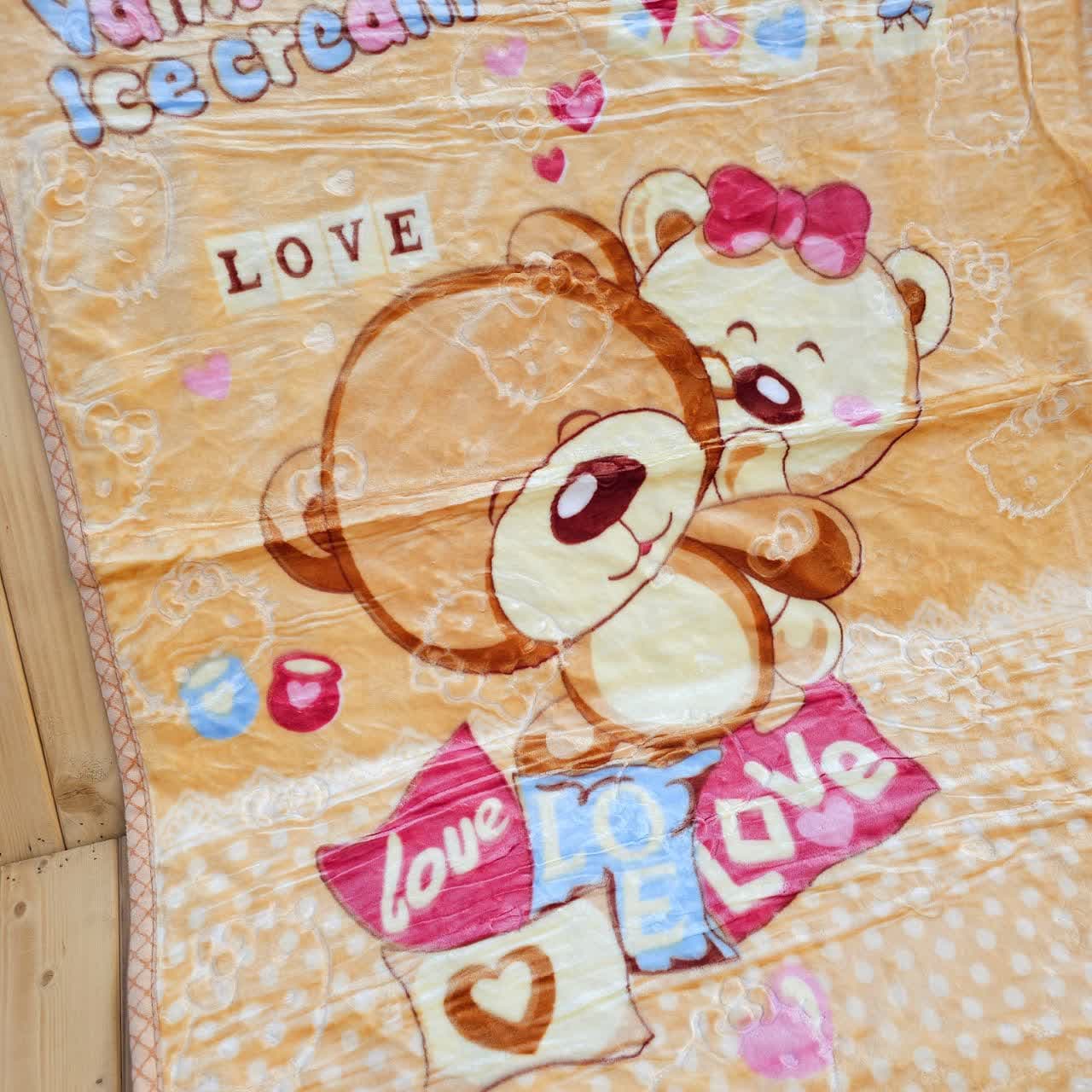 پتو گلبافت سایز بزرگ دولایه طرح 2 خرس Love کرم — تصویر ۲