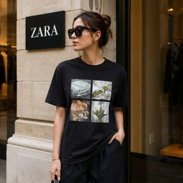 تیشرت آستین کوتاه رنگ مشکی طرح چهار باکس ماشین گل ZARA