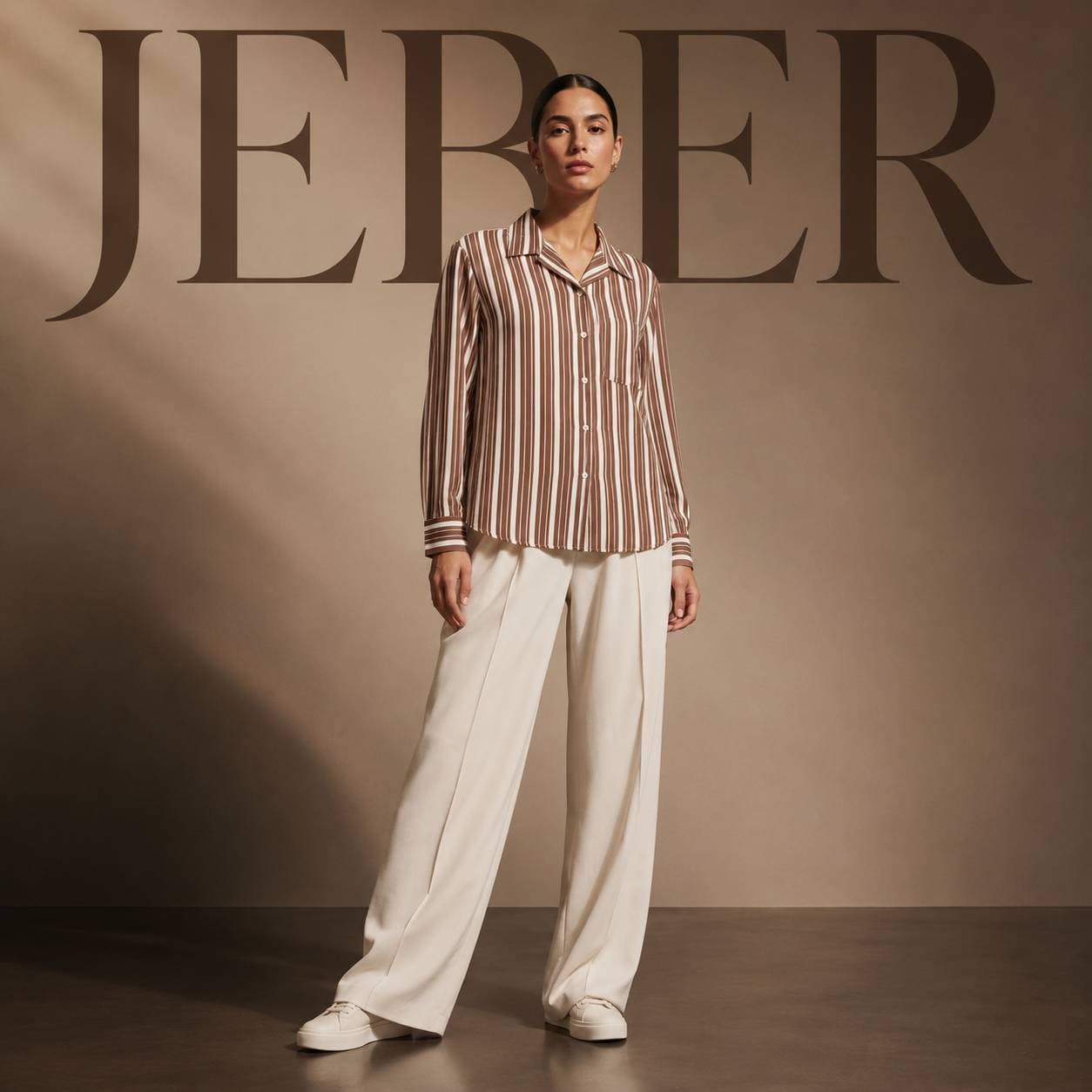 شومیز آستین بلند راه راه قهوه ای سفید jeber — تصویر ۲