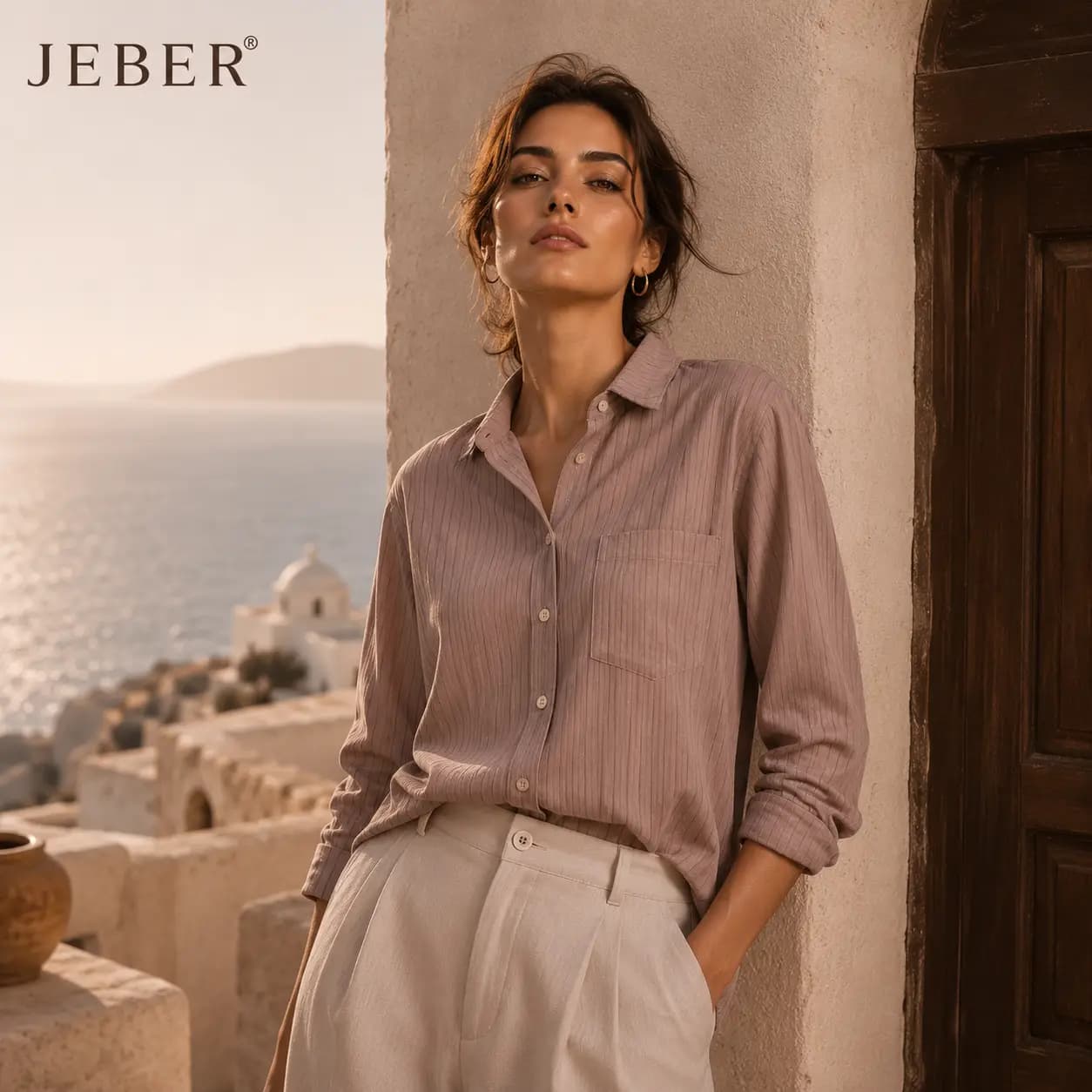 شومیز آستین بلند زنانه نخی طرح حریر برند jeber ترک (رنگ نسکافه ای) — تصویر ۲