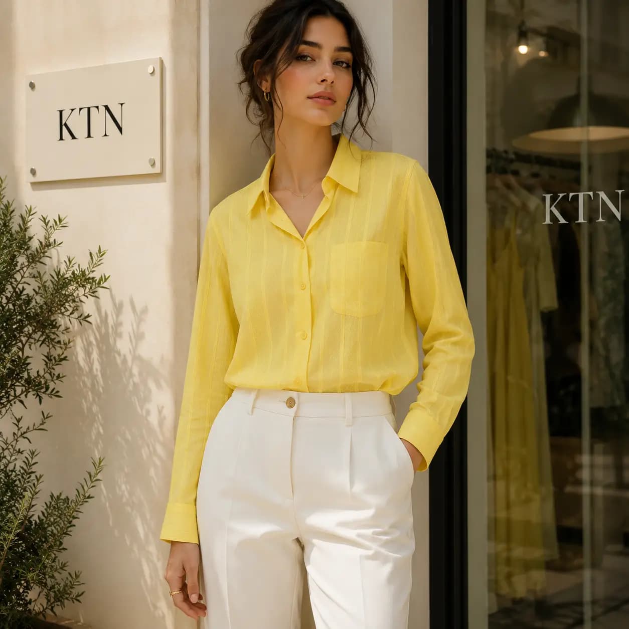 شومیز آستین بلند راه راه بافت دار زرد ktn