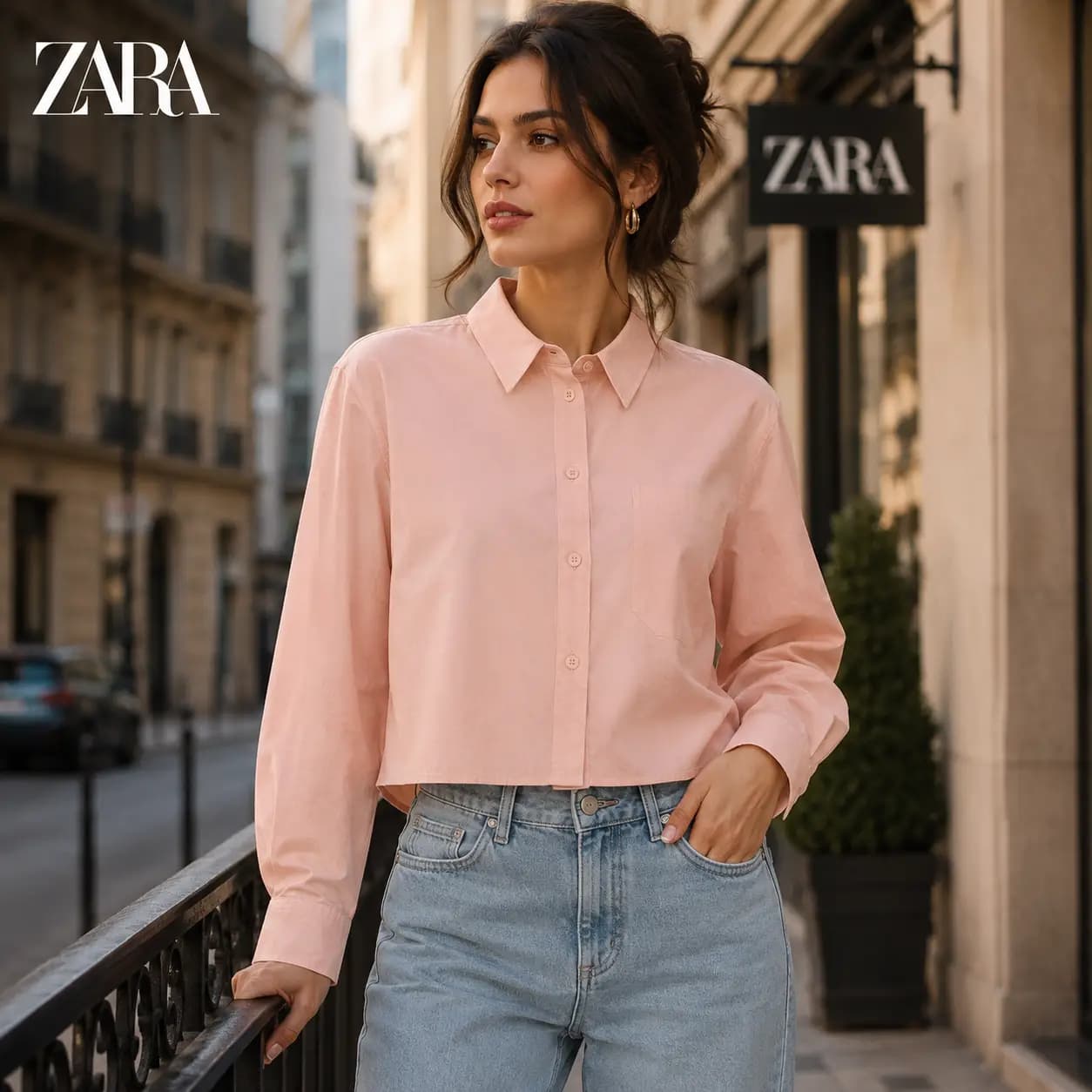 شومیز آستین بلند کراپ گلبهی لنین zara