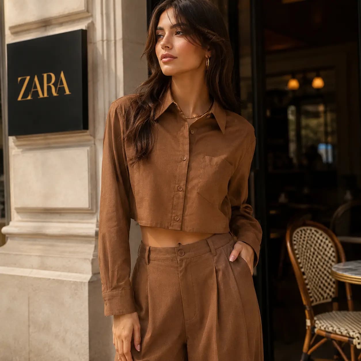 شومیز آستین بلند کراپ قهوه ای لنین zara