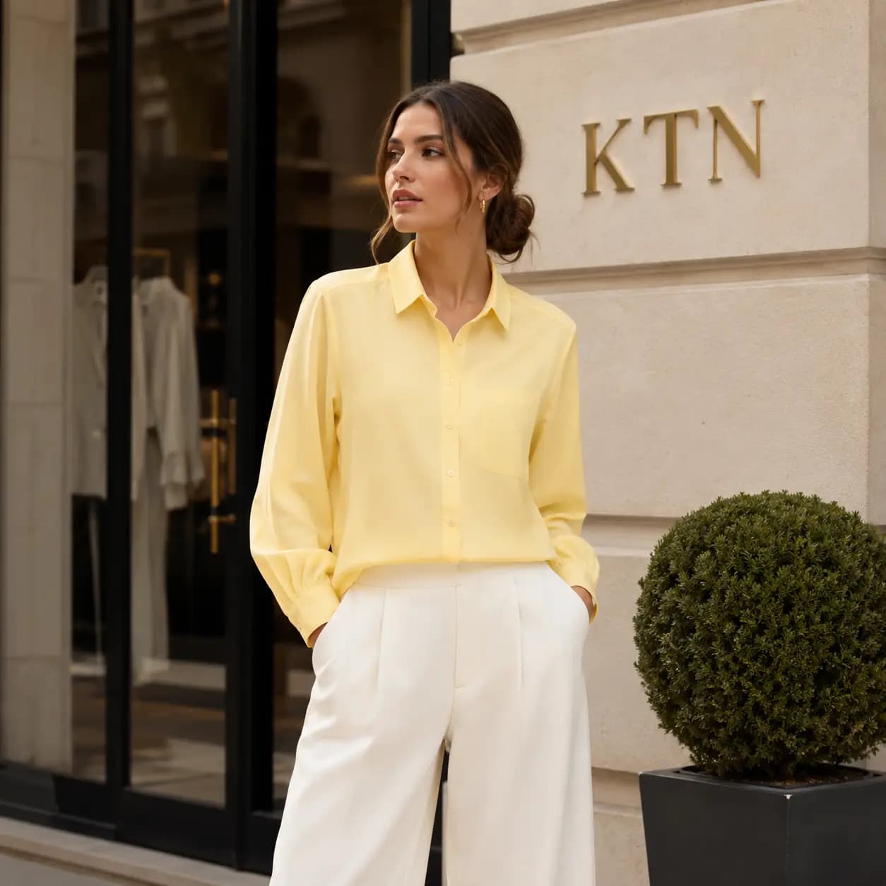 شومیز آستین بلند زنانه برند KTN ترک (طرح ساده رنگ زرد)