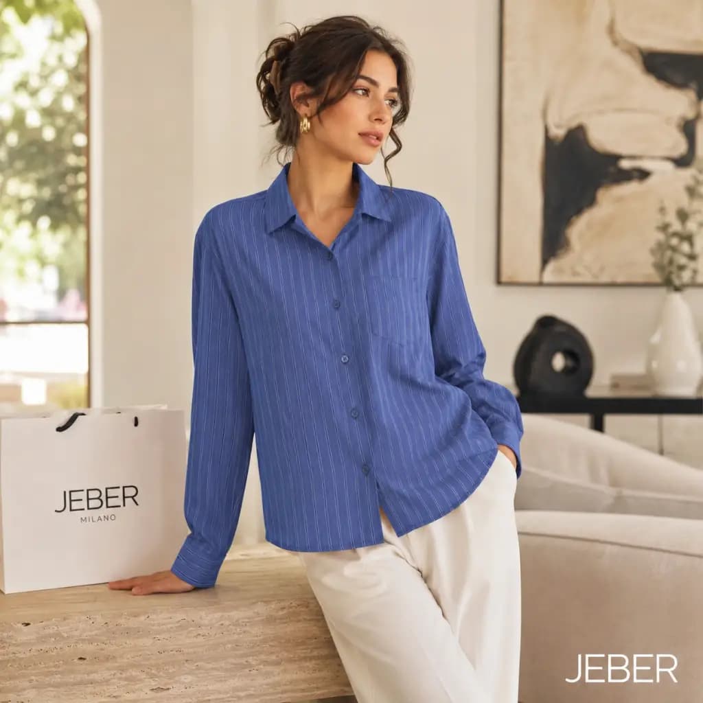 شومیز آستین بلند زنانه برند jeber ترک (طرح لاین دار رنگ آبی سرمه ای)