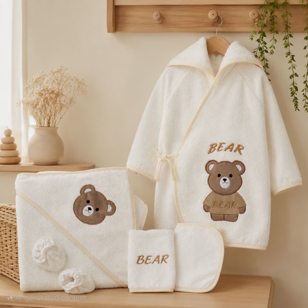 سرویس حوله 5 تکه گلدوزی دار اقتصادی طرح خرس BEAR سفید