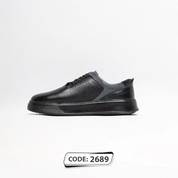 کتونی مردانه چرم بنددار مشکی طوسی (کد2689) — تصویر ۲
