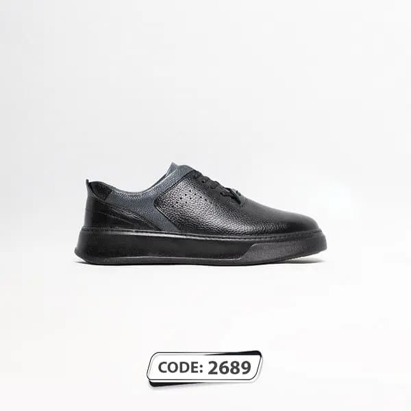 کتونی مردانه چرم بنددار مشکی طوسی (کد2689)